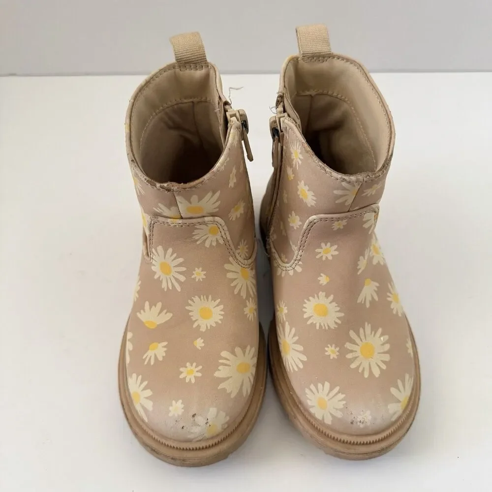 Cat & Jack Girls Size 8 Daisy Floral Ankle Boots Pink Tan Side Zip